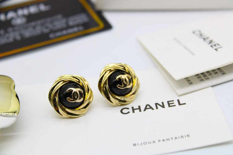CH Authentic Vintage Gold CC Logo And Black Enamel Clip-On Earrings