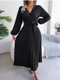 Women's Maxi Dress Long Sleeve Pleated Dress - Saadstore