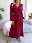 Women's Maxi Dress Long Sleeve Pleated Dress - Saadstore