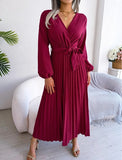 Women's Maxi Dress Long Sleeve Pleated Dress - Saadstore