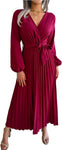 Women's Maxi Dress Long Sleeve Pleated Dress - Saadstore