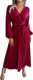 Women's Maxi Dress Long Sleeve Pleated Dress - Saadstore