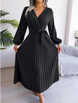 Women's Maxi Dress Long Sleeve Pleated Dress - Saadstore