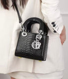 Lady Dior Black Python Silver Diamond Hardware Mini Chain Bag - Saadstore