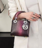 Lady Dior Black Python Silver Diamond Hardware Mini Chain Bag - Saadstore