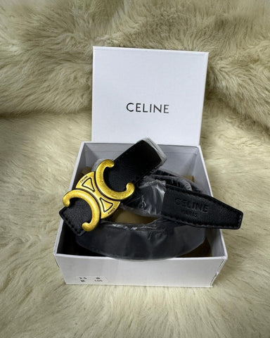 Black Leather Belt In Gold - Tone By Celine - Saadstore