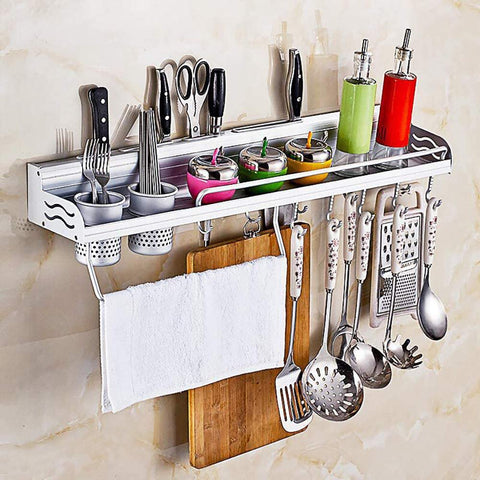 Multifunctional Wall Mount Aluminium Hanging Utensil Display Rack Shelf Organizer for Ladles Spoons Pans Spices Cutlery Cookware with Knife and Hand Towel Holder - Saadstore