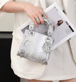 Lady Dior Black Python Silver Diamond Hardware Mini Chain Bag - Saadstore