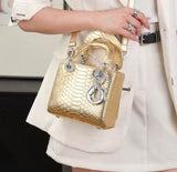 Lady Dior Black Python Silver Diamond Hardware Mini Chain Bag - Saadstore