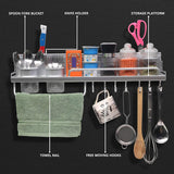 Multifunctional Wall Mount Aluminium Hanging Utensil Display Rack Shelf Organizer for Ladles Spoons Pans Spices Cutlery Cookware with Knife and Hand Towel Holder - Saadstore