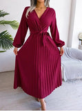 Women's Maxi Dress Long Sleeve Pleated Dress - Saadstore
