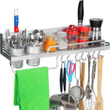 Multifunctional Wall Mount Aluminium Hanging Utensil Display Rack Shelf Organizer for Ladles Spoons Pans Spices Cutlery Cookware with Knife and Hand Towel Holder - Saadstore