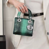 Lady Dior Black Python Silver Diamond Hardware Mini Chain Bag - Saadstore