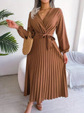Women's Maxi Dress Long Sleeve Pleated Dress - Saadstore