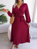 Women's Maxi Dress Long Sleeve Pleated Dress - Saadstore