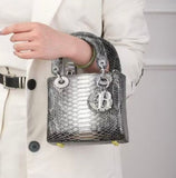 Lady Dior Black Python Silver Diamond Hardware Mini Chain Bag - Saadstore