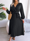 Women's Maxi Dress Long Sleeve Pleated Dress - Saadstore