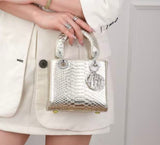 Lady Dior Black Python Silver Diamond Hardware Mini Chain Bag - Saadstore