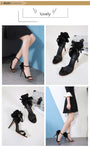 American-style Big Flower  Black High Heels Sandals - Saadstore